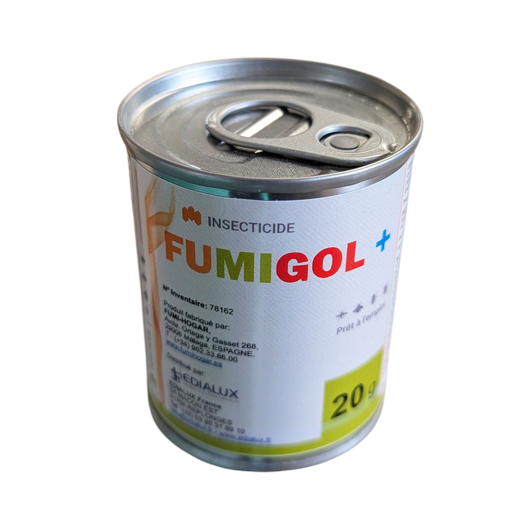 Boîte insecticide fumigène Fumigol+ de 20g pour le traitement des insectes volants et rampants dans un volume de 60m3.