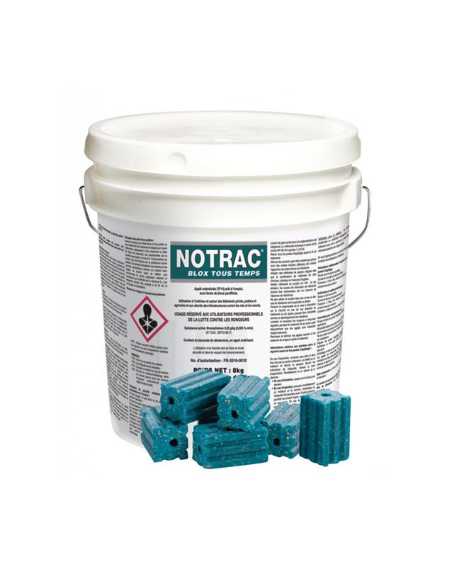 Seau de 8 kg de raticide NOTRAC Blox Tous Temps, appât paraffiné en blocs de 28g pour le contrôle des rats et souris en milieux humides et égouts.