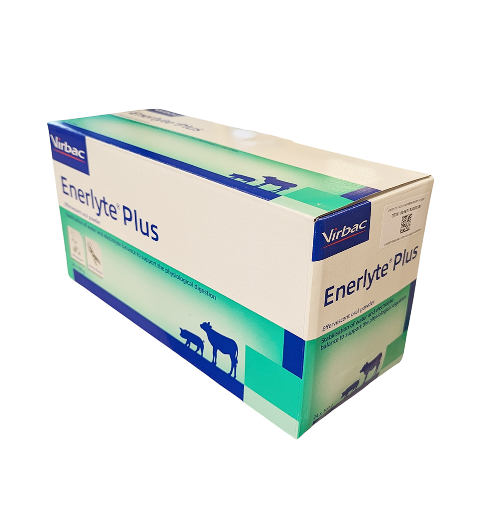 Boîte de 24 sachets d’Enerlyte Plus Virbac 100 g, poudre effervescente pour réhydratation et équilibre électrolytique des veaux et agneaux.