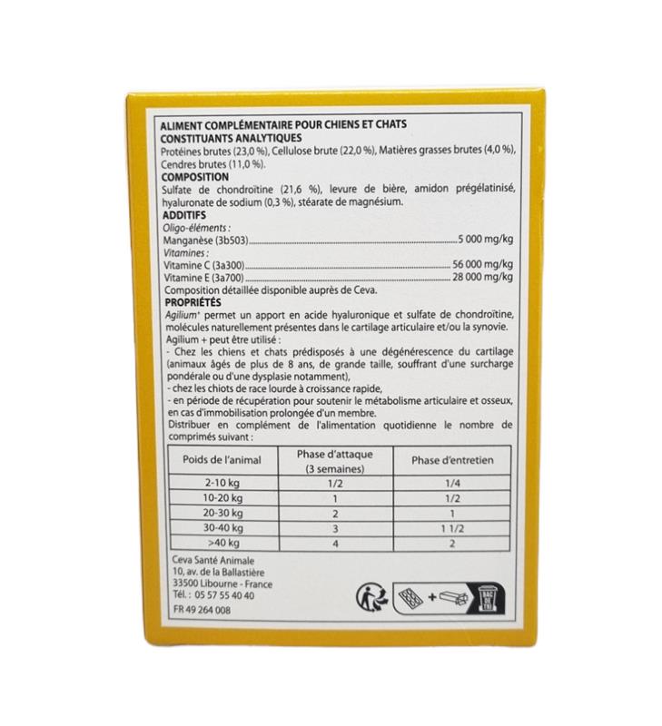 Boîte blanche et jaune d'Agilium + Ceva montrant un chien courant avec un bâton et les zones articulaires ciblées.