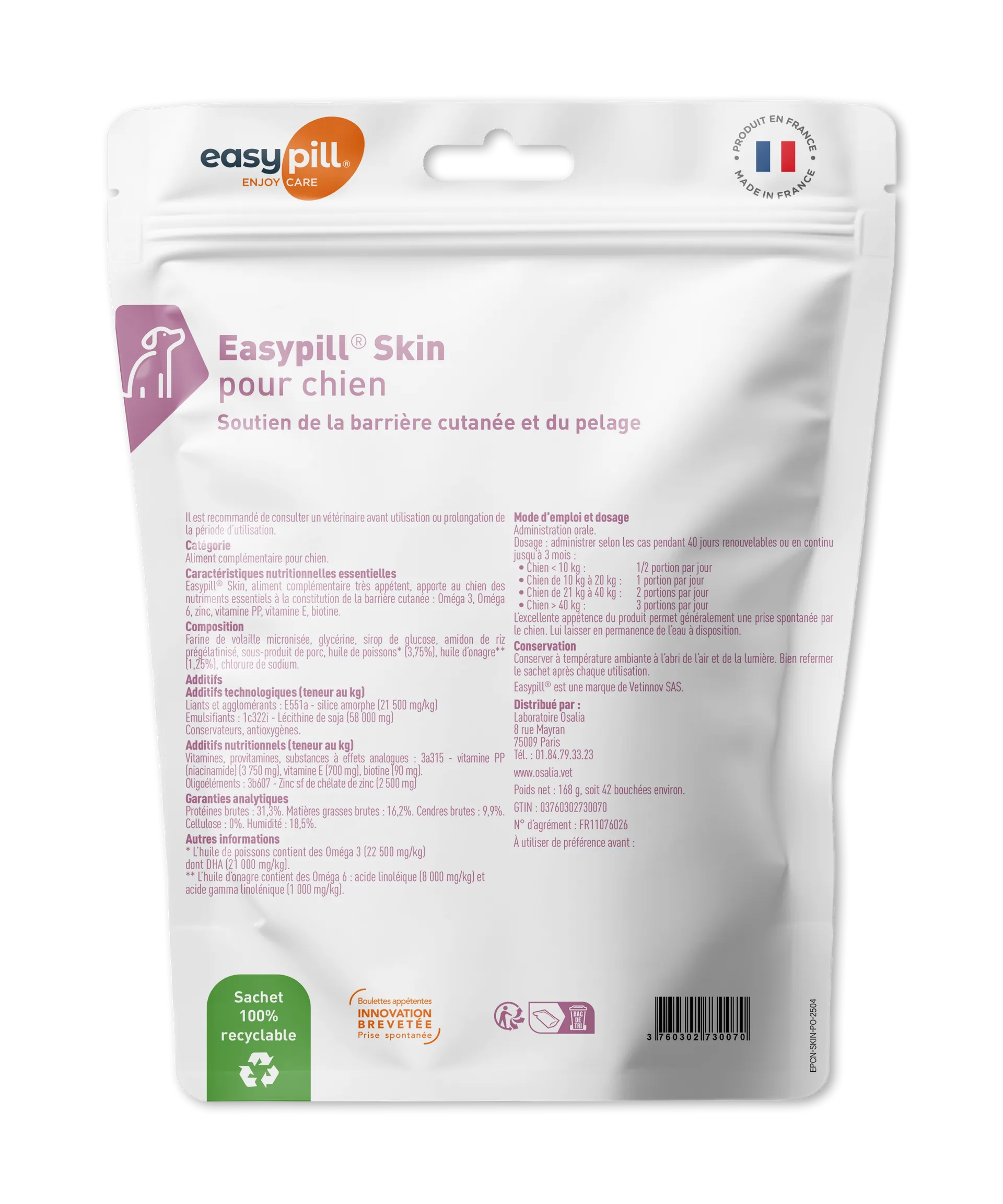 Sachet Easypill Skin Chien 42 bouchées - Complément peau et pelage avec Oméga 3, Zinc et Biotine