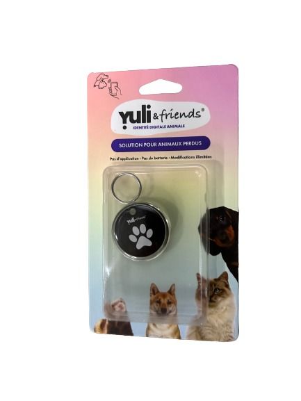 Médaille connectée Yuli noire QR Code et NFC identification chien chat sans abonnement