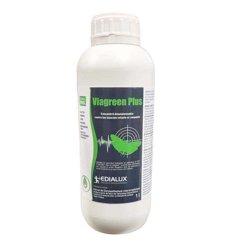 Flacon blanc de 1L d'insecticide VIAGREEN Plus Edialux, concentré naturel pour la lutte contre les insectes volants et rampants, certifié agriculture biologique.