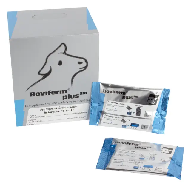 Boîte cubique grise et bleue de BOVIFERM® PLUS SID (24 sachets de 115g), aliment complémentaire diététique pour veau diarrhéique des laboratoires Biové.