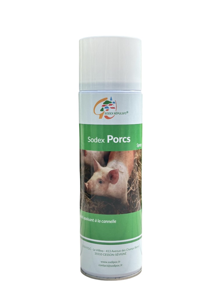 Bombe aérosol blanche et verte SODEX Porcs de 650 ml avec l'image d'un cochon en case pour prévenir les bagarres et le cannibalisme.