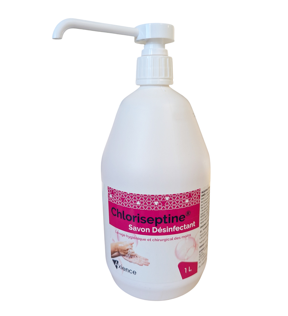 Savon désinfectant CHLORISEPTINE 1L avec pompe – hygiène antiseptique des mains pour milieux médicaux et vétérinaires