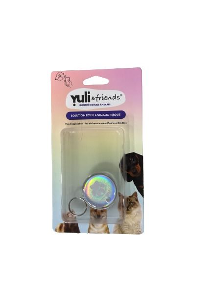 Médaille connectée Yuli holographique argentée motif patte NFC QR code chien chat