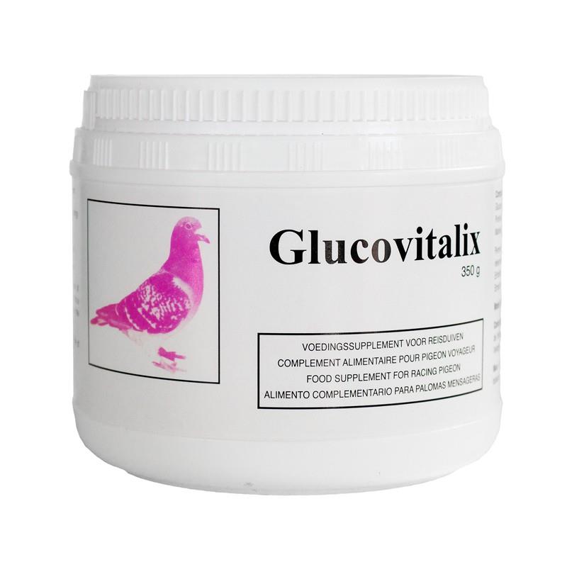 Boîte blanche de 350g de GLUCOVITALIX Laboratoire Moureau, complément alimentaire énergétique pour pigeon voyageur avec visuel de pigeon rose.