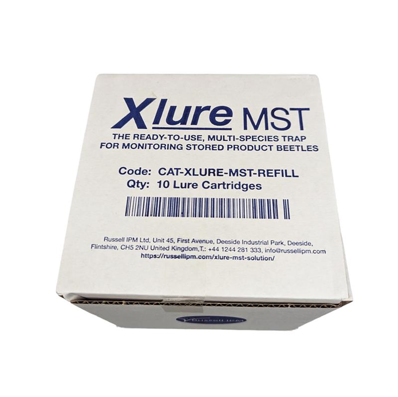 Boîte blanche de 10 recharges phéromones X-Lure MST Russell IPM pour la surveillance des insectes des denrées stockées.