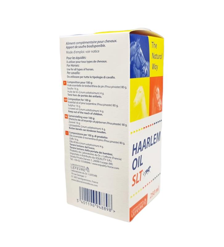 Boîte et flacon de 250 ml d'Huile de Haarlem SLT des Laboratoires Lefevre, complément naturel historique pour le bien-être et la santé du cheval.