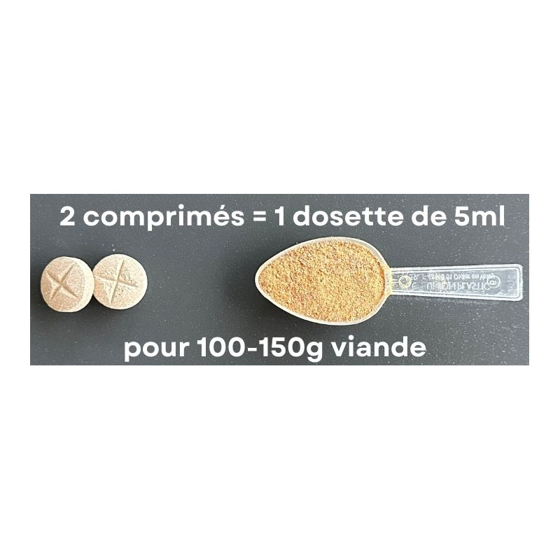 Pot blanc de 600g de Vit'i5 Ration Mixte (Rouge) en comprimés pour l'équilibre nutritionnel des rations mixtes chiens et chats.
