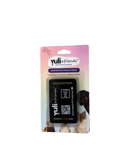 Plaque identification silicone noir Yuli taille L connectée QR code NFC pour collier chien
