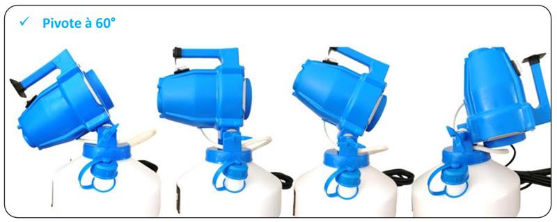 Nébuliseur électrique COMBATTOR bleu et blanc à 3 têtes pour désinfection ULV.