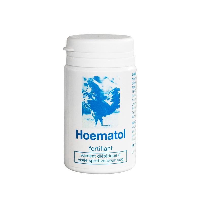 Flacon blanc de Hoematol fortifiant par le Laboratoire Moureau avec un bouchon bleu, aliment complémentaire pour la vitalité des coqs.