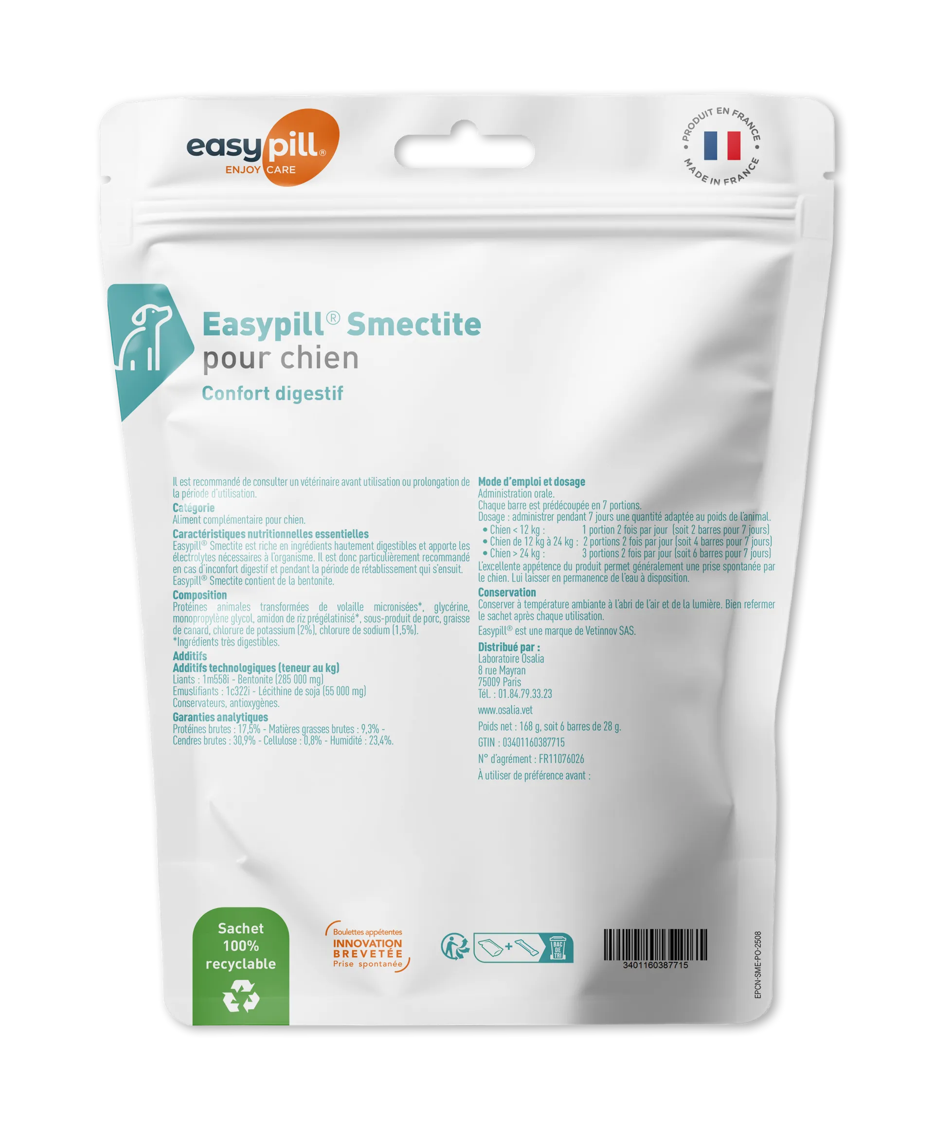 Sachet d'Easypill Smectite pour chien, barres appétentes à la bentonite pour le confort digestif et l'amélioration de l'aspect des selles.