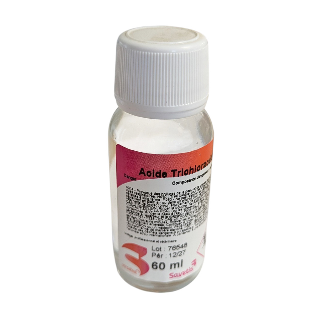 Flacon Acide Trichloracétique 30% solution 60ml cautérisation vétérinaire et verrues