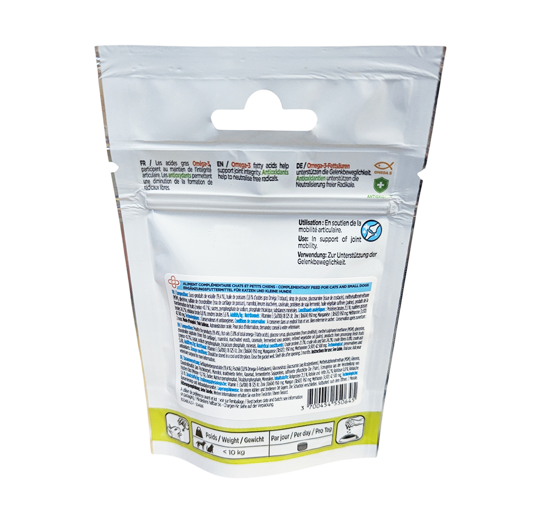 Sachet de bouchées Locox TT’ Mini TVM pour chats et petits chiens, montrant un chat assis à côté de bouchées appétentes destinées au soutien articulaire et à la mobilité.