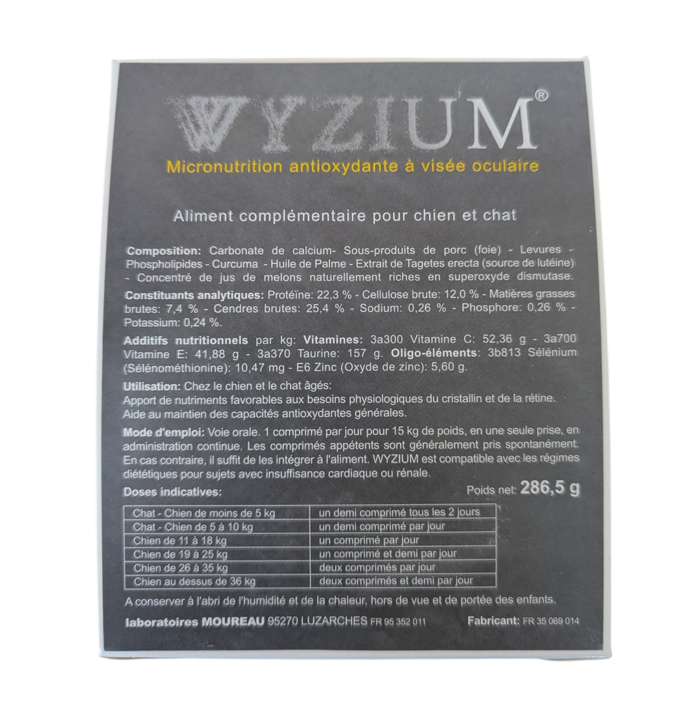 Boîte de 300 comprimés de WYZIUM avec blisters, complément alimentaire antioxydant pour la vision des chiens et chats.