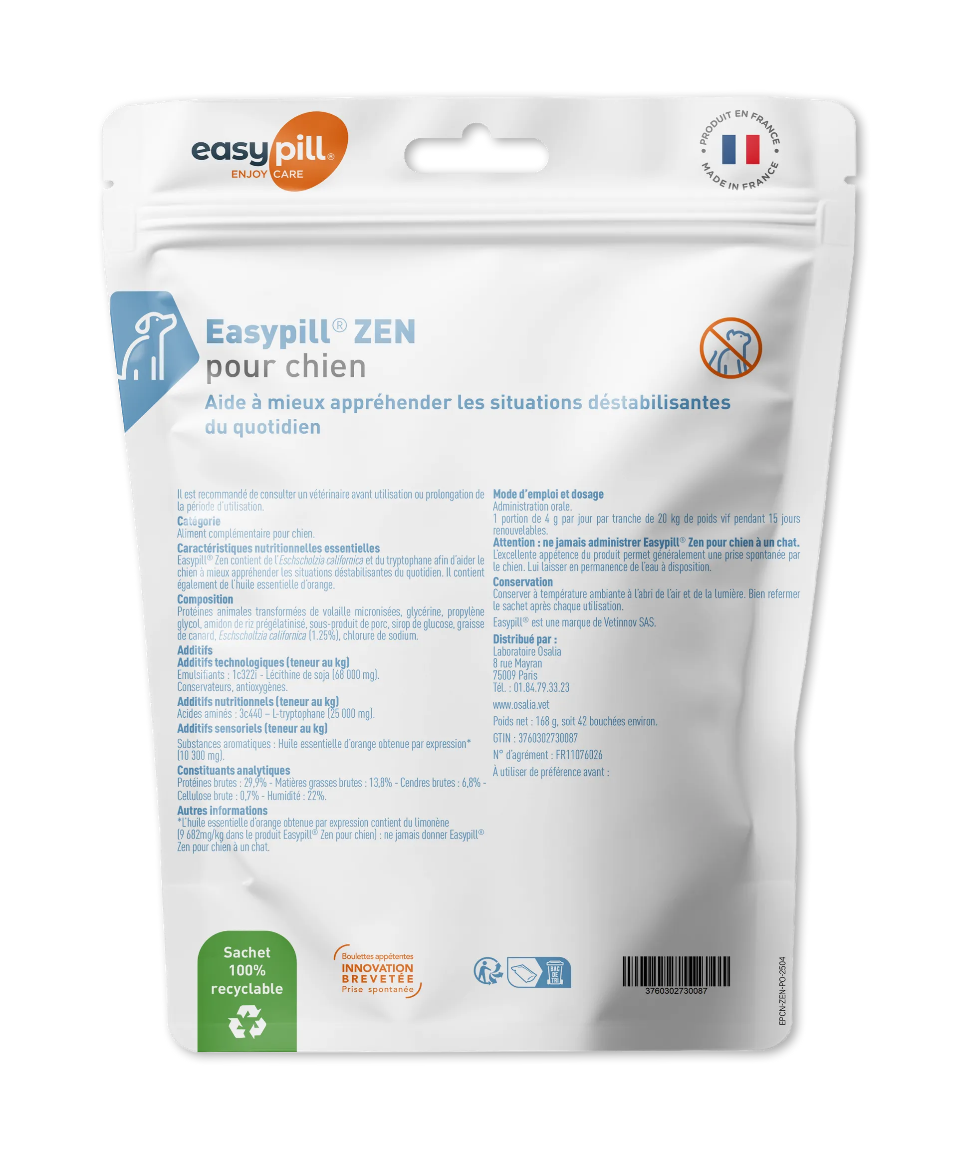 Sachet Easypill Zen Chien 42 bouchées - Complément anti-stress chien avec L-Tryptophane et Scutellaire