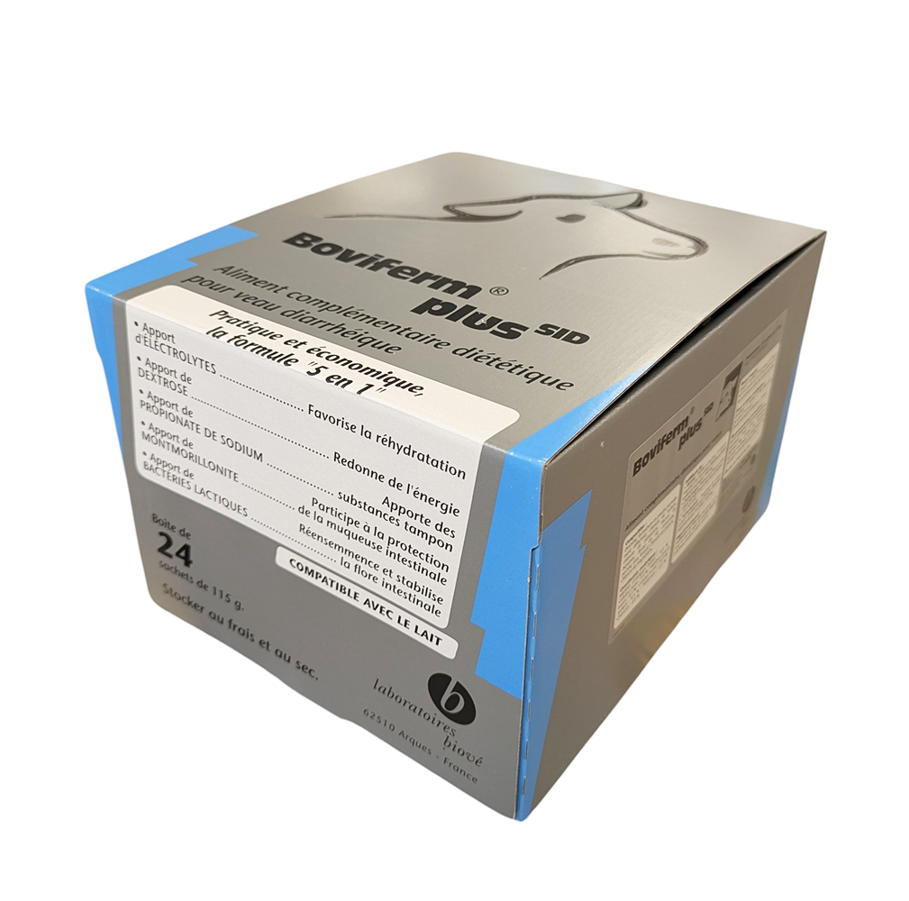 Boîte cubique grise et bleue de BOVIFERM® PLUS SID (24 sachets de 115g), aliment complémentaire diététique pour veau diarrhéique des laboratoires Biové.