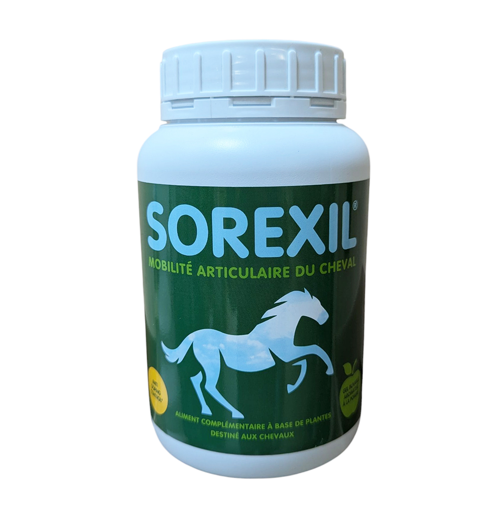 Pot blanc de 1 kg de SOREXIL Gel pour la mobilité articulaire du cheval, avec un visuel de cheval blanc sur fond vert.