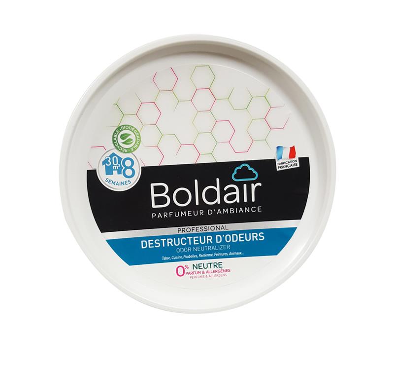 Boîte circulaire blanche de 300 g de Gel Destructeur d'Odeurs Boldair version Neutre, indiquant 0% parfum et allergènes, action 8 semaines et fabrication française.