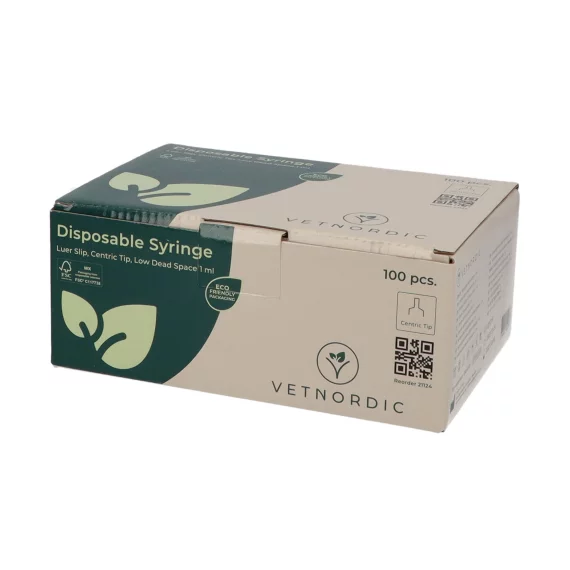 Boîte de 100 seringues vétérinaires 1 ml VetNordic haute précision Low Dead Space.