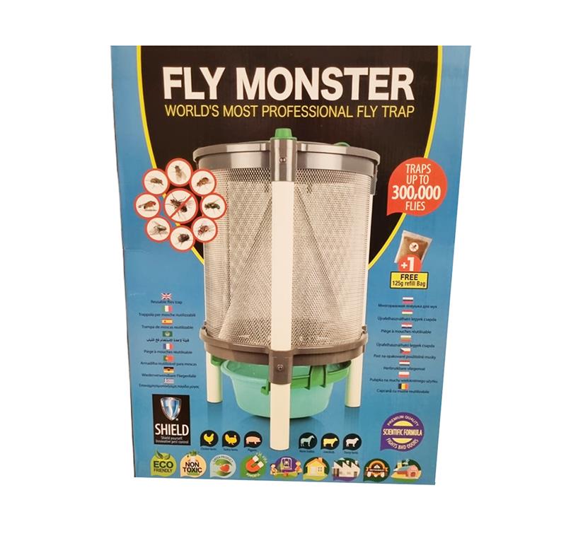 Boîte du MONSTER FLY TRAP, piège à mouches professionnel de grande capacité (300 000 mouches), inodore et non toxique pour usage extérieur.