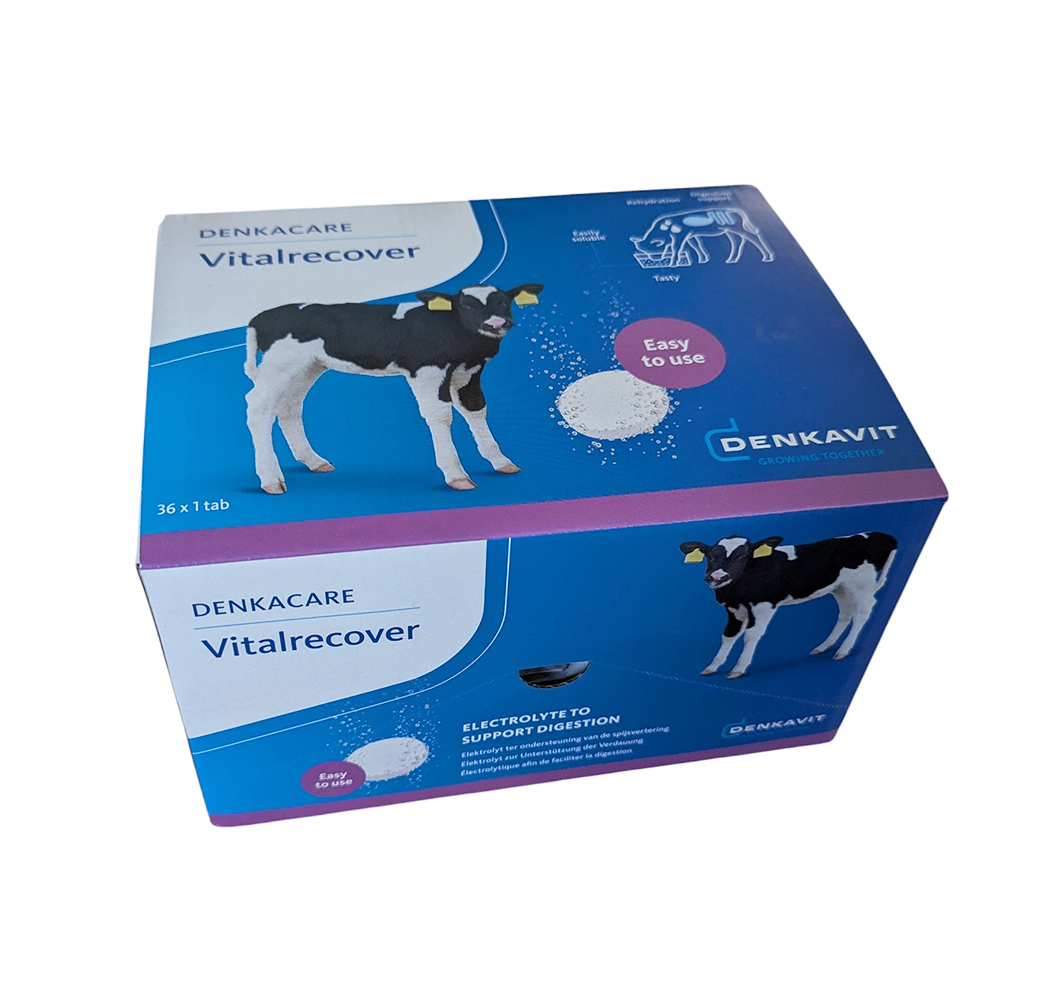 Boîte bleue et blanche de 36 galets effervescents DENKACARE Vitalrecover par Denkavit, solution électrolytique pour la réhydratation des veaux.