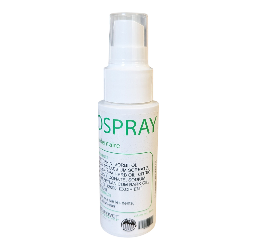 Flacon de 50 ml de Buccospray par Technovet, solution dentaire appétente pour chiens et chats permettant de lutter contre le tartre et la mauvaise haleine.