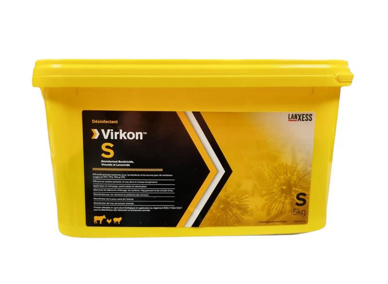 Seau jaune de 5 kg de désinfectant Virkon S LANXESS, solution virucide et bactéricide pour élevages et cabinets vétérinaires.