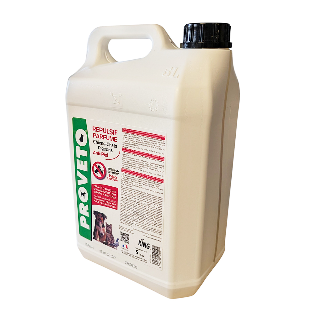 Bidon blanc de 5L de répulsif parfumé Proveto King pour éloigner les chiens, chats et pigeons des surfaces intérieures et extérieures.