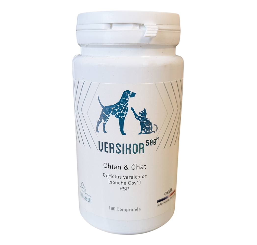 Pot de Versikor 500 Osalia 180 comprimés, complément immunitaire et cellulaire à base de Coriolus versicolor pour chiens et chats.