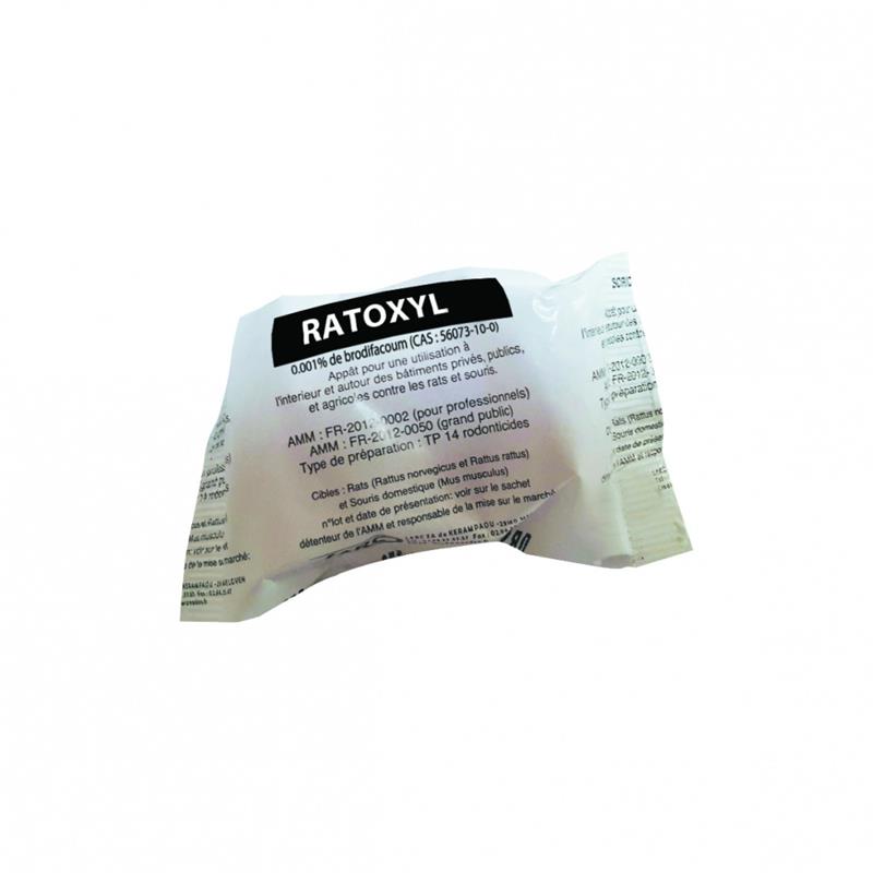 Carton de 10 kg de Ratoxyl Extra GP avec sachets de 30 g d'avoine décortiquée bleue pour la lutte contre les rats et souris.