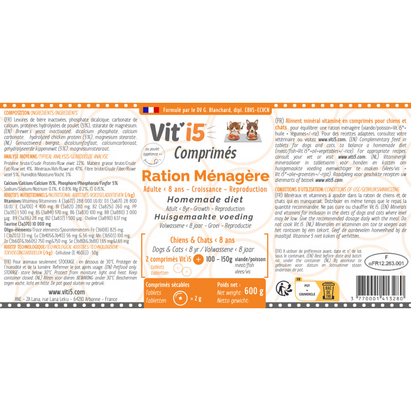 Pot blanc de 600g de Vit'i5 Ration Ménagère (Orange) en comprimés, formulé par un vétérinaire pour l'équilibre nutritionnel des chiens et chats de moins de 8 ans.