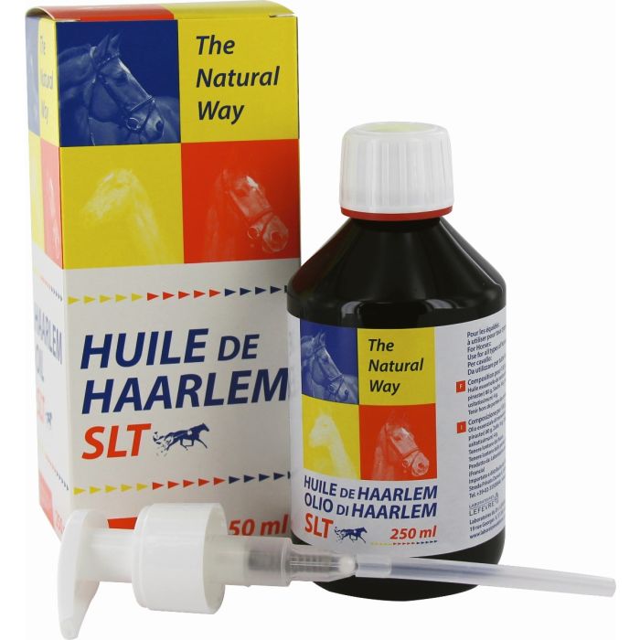 Boîte et flacon de 250 ml d'Huile de Haarlem SLT des Laboratoires Lefevre, complément naturel historique pour le bien-être et la santé du cheval.