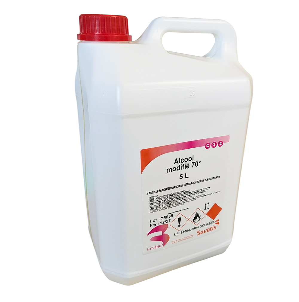 Bidon de 5L d'Alcool modifié 70° Savetis avec poignée de transport, destiné à la désinfection cutanée et des surfaces professionnelles.