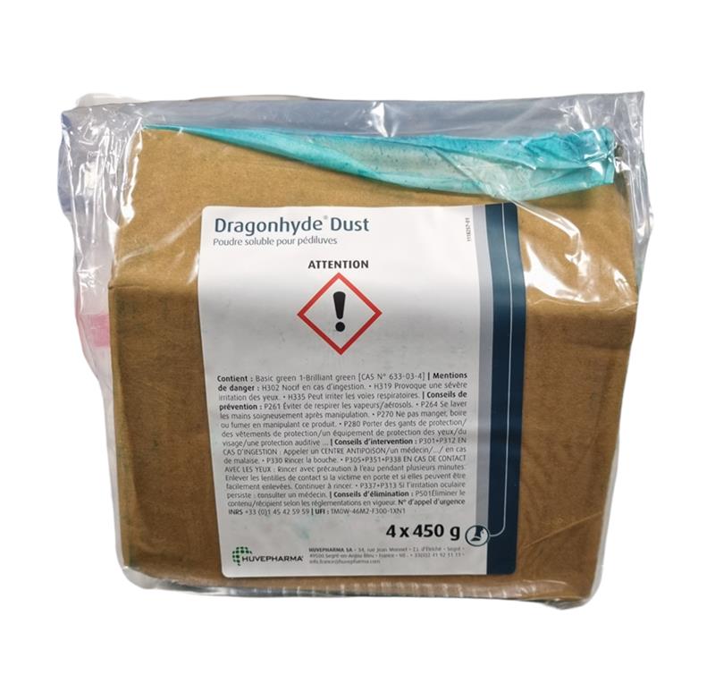Boîte en carton de Dragonhyde Dust contenant 8 sachets de poudre soluble pour pédiluve, solution innovante pour le soin des sabots des animaux d'élevage.