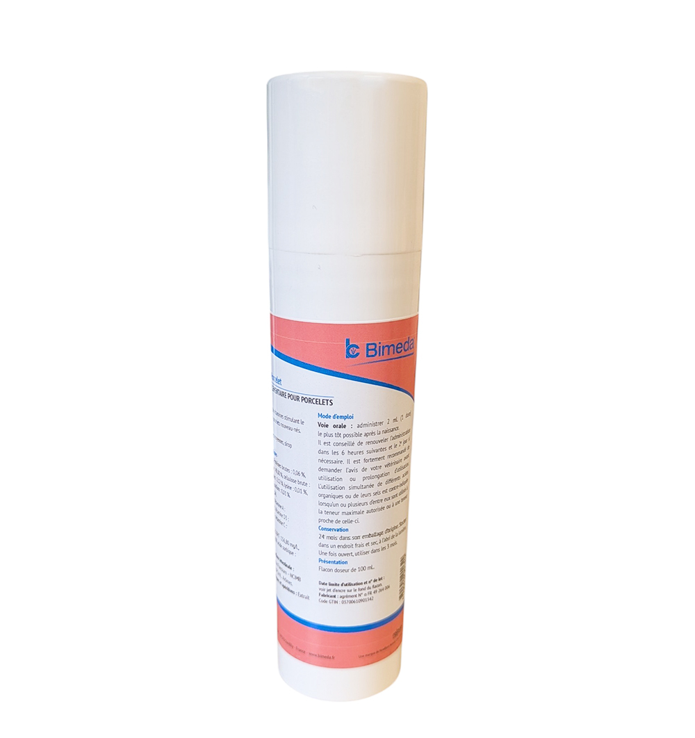 Flacon pompe PIGGYBOOST 100ml, aliment complémentaire colostrum et énergie pour porcelet chétif.