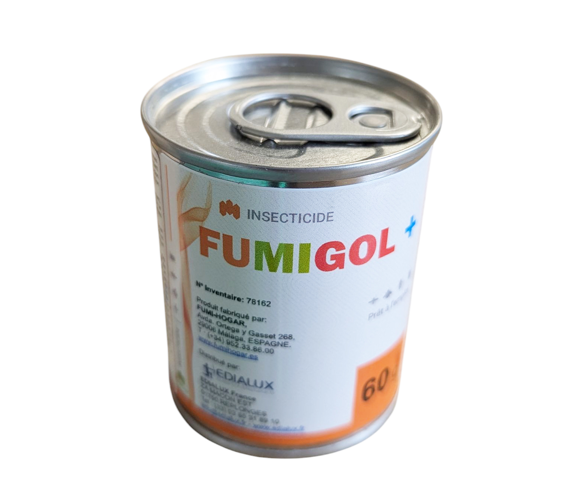 Boîte insecticide fumigène Fumigol+ 60g de la marque FumiHogar pour le traitement des insectes volants et rampants dans un volume de 180m3.