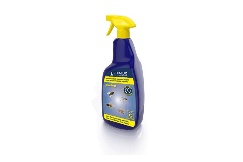 Flacon pulvérisateur de 1L d'insecticide Biosect Edialux, solution bleue pour la lutte contre les insectes volants et rampants.