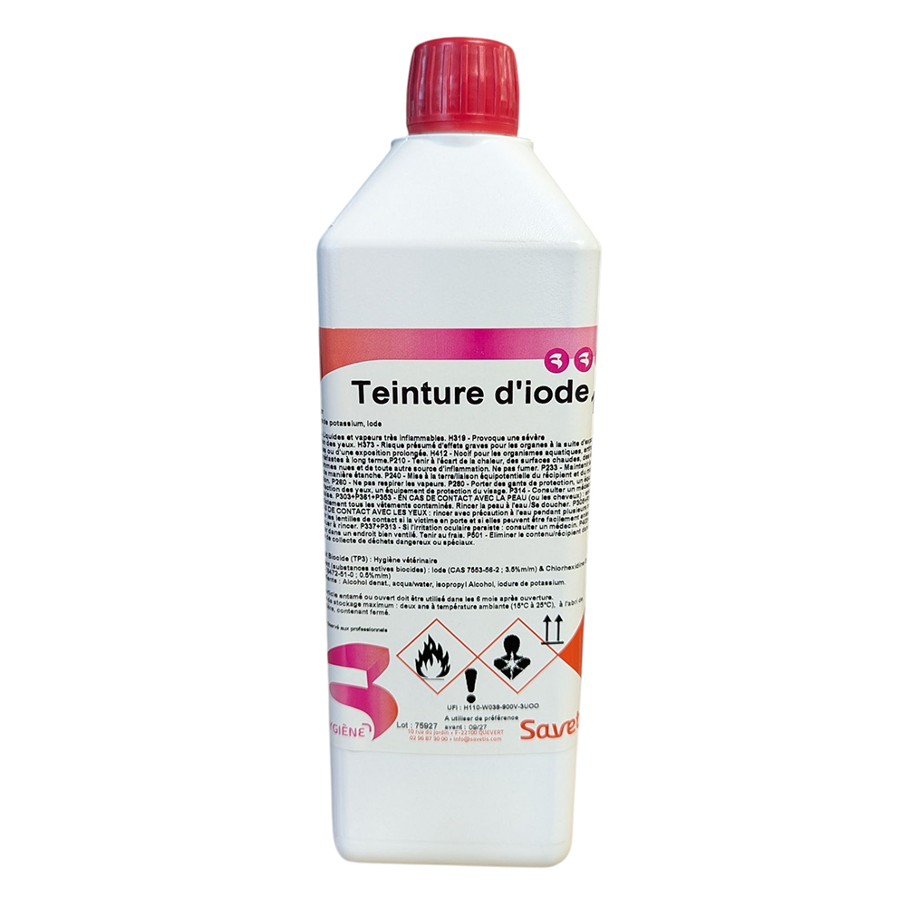 Bidon blanc de 1 litre de Teinture d'iode Savetis, solution antibactérienne et désinfectante pour l'hygiène vétérinaire avec symboles de sécurité inflammable et danger pour la santé.