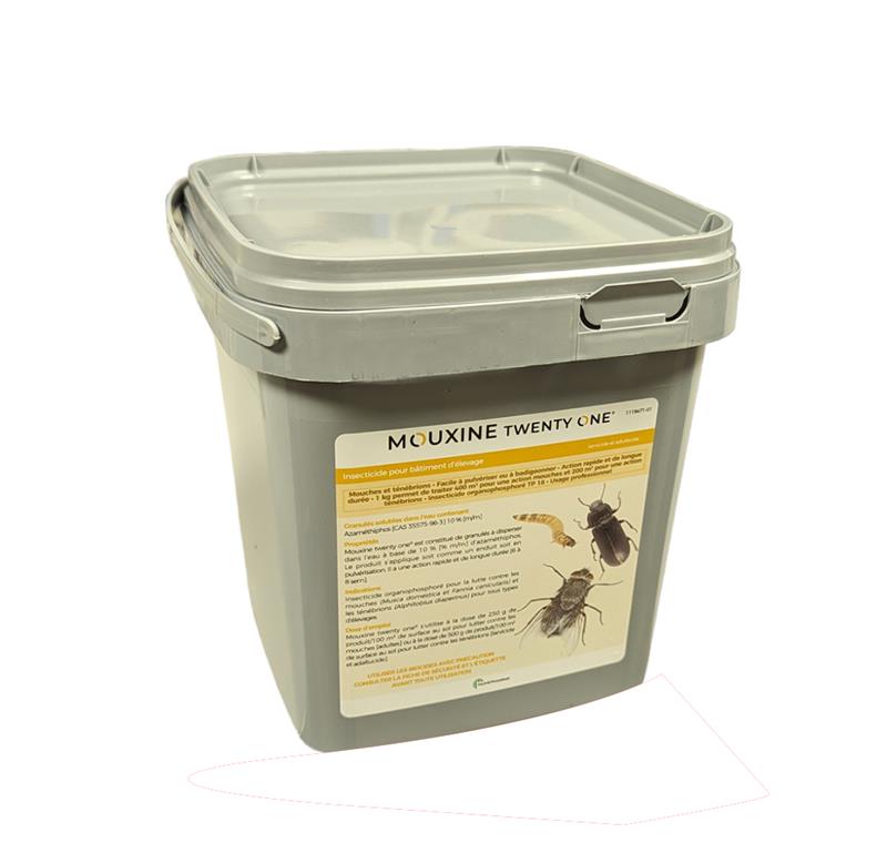 Seau gris de 1 kg d'insecticide Mouxine Twenty One pour bâtiments d'élevage, montrant des illustrations de mouche, ténébrion et larve.