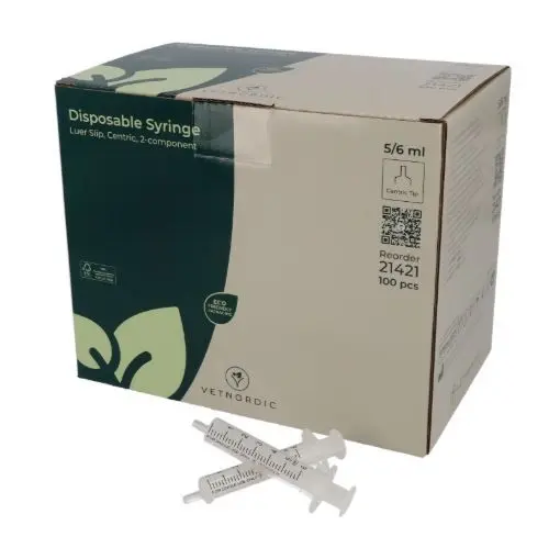 Boîte de 100 seringues vétérinaires 5-6 ml VetNordic 2 composants sans joint caoutchouc.
