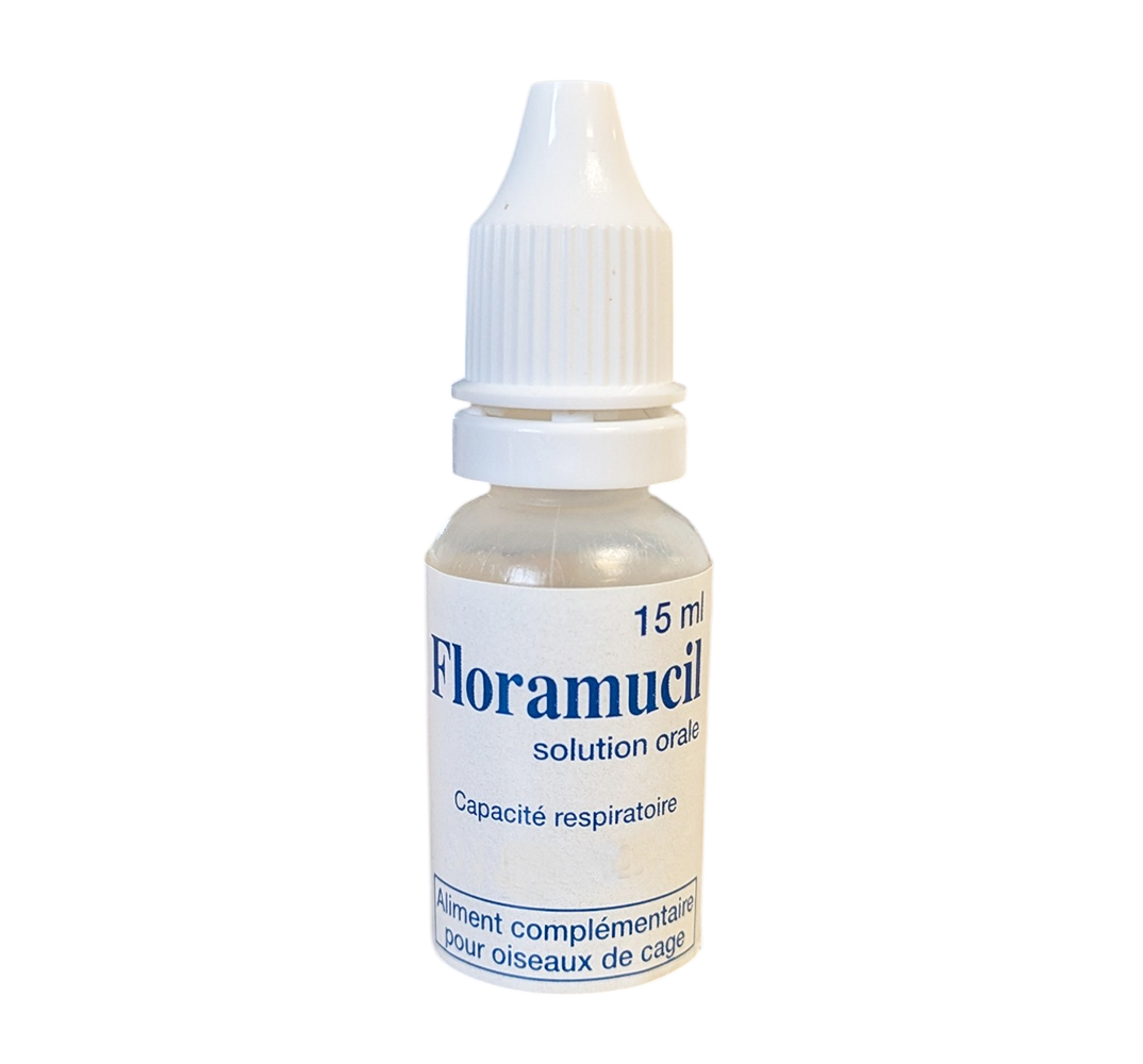 Flacon et boîte Floramucil 15ml, gouttes respiratoires pour canaris et perruches aux huiles essentielles.