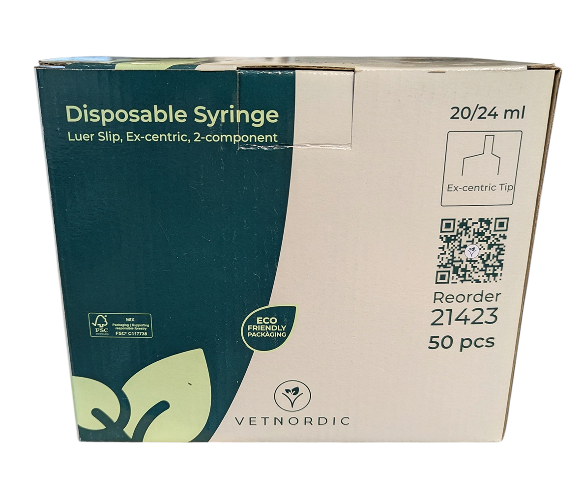 Boîte de 50 seringues vétérinaires 20-24 ml VetNordic 2 composants sans joint caoutchouc avec embout ex-centré
