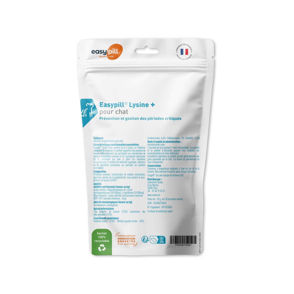 Sachet Easypill Lysine + Chat Osalia 30 bouchées coryza herpes et stress