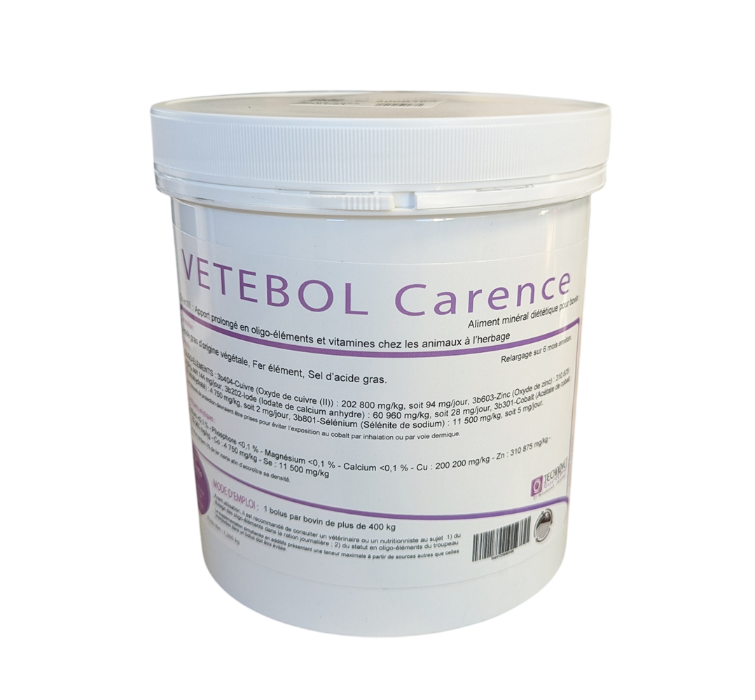 Vetebol Carence 16x84g – bolus nutritionnel pour bovins, correction des carences minérales et vitaminiques