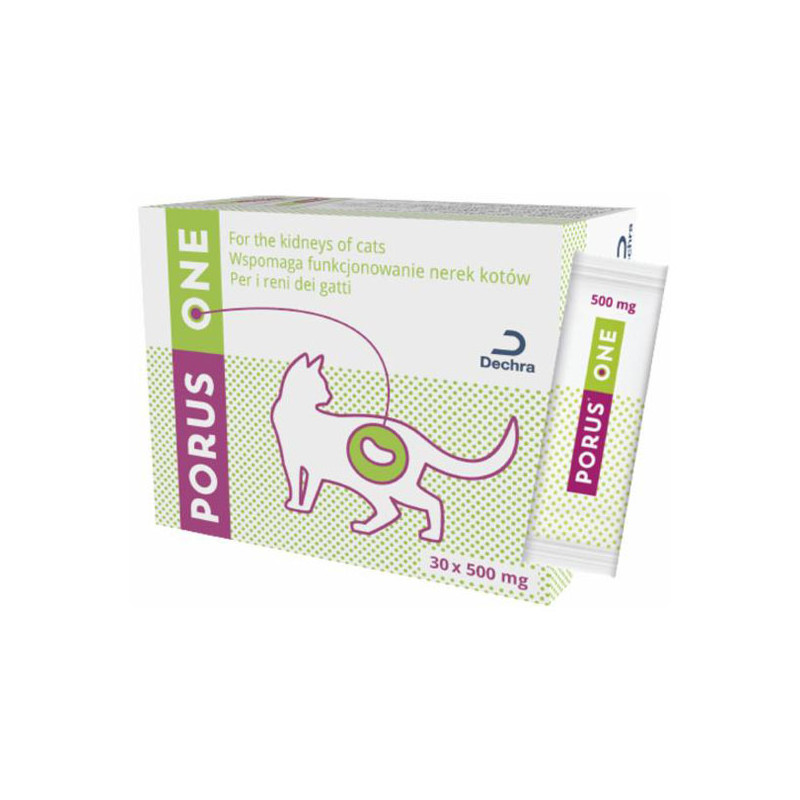 Boîte de Porus One Dechra pour chats contenant 30 sachets de 500 mg, avec une illustration de chat mettant en évidence la fonction rénale.