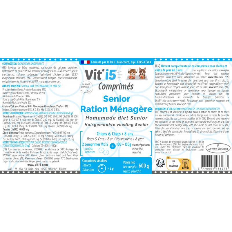 Pot blanc de 600g de Vit'i5 Senior Ration Ménagère (Bleu) en comprimés pour chiens et chats seniors de plus de 8 ans, formulé sans phosphore.